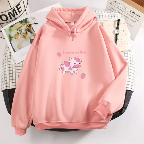 Miniatura 3 de Sudaderas con capucha para mujer con estampado de vaca de fresa casual mullidas