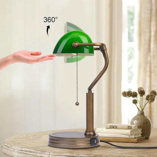Miniatura 6 de Lámpara de Banco de Vidrio Verde, Lámpara de Escritorio Retro con Puerto de Carga Inalámbrica USB, Lámpara de Mesa con Cadena Clásica, para Mesita