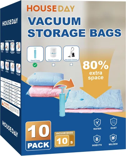 Miniatura 10 de HOUSE DAY Paquete de 22 bolsas de almacenamiento al vacío con bomba, bolsas de sellado al vacío para ahorrar espacio para ropa y viajes, 4 jumbo/4