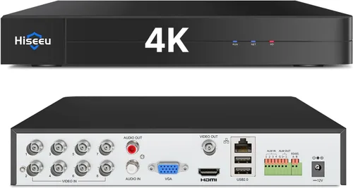 Hiseeu Grabador de video digital de seguridad DVR de 4K 8 canales DVR avanzado de 8MP con detección de vehículos para cámara de seguridad CCTV,