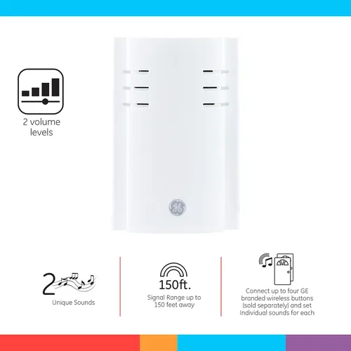 Miniatura 2 de Kit de timbre inalámbrico GE, receptor enchufable, timbre de puerta con 1 botón, timbre de puerta con 2 melodías, 4 niveles de volumen, timbre