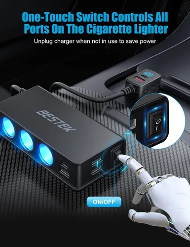 Miniatura 4 de BESTEK Divisor de encendedor de cigarrillos 9 en 1, 148 W, 3 enchufes, PD30W y 4 USB-A QC3.0 18W con pantalla LED, adaptador de encendedor de Negro-1