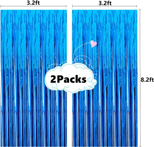 Miniatura 2 de 2 piezas de cortinas de flecos de papel de aluminio de oropel metálico azul brillante de 3.2 pies x 8.2 pies para cabina de fotos, telón de fondo