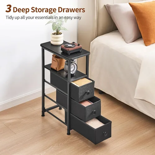 Miniatura 4 de DALEMHOME Mesa Auxiliar, Mesa Lateral Estrecha con 3 Cajones de Tela, Mesita de Noche Estrecha, Mesa de Cama Pequeña con Almacenamiento, para Sala