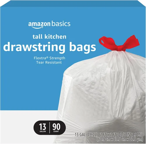 Amazon Basics Flextra - Bolsas de basura altas con cordón para cocina, 13 galones, 90 unidades