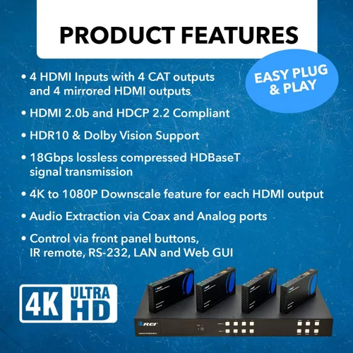 Miniatura 7 de OREI Extensor de conmutador de matriz HDMI 4K 4K - HDBaseT UltraHD 4K @ 60Hz 4:4:4 sobre cable CAT5e/6/7 individual con HDR, CEC e IR control