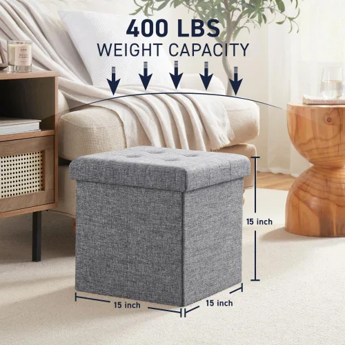 Miniatura 3 de Ornavo Home Otomán de Almacenamiento Plegable de Lino Acolchado Cubo Cuadrado Reposapiés/Asiento - 15" x 15" x 15" (Gris)