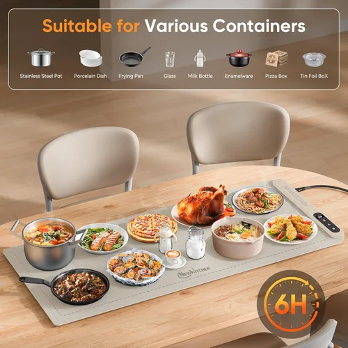 Miniatura 5 de NEWKITCHEN Tapete de calentamiento para alimentos, (XXL, 36 x 16 pulgadas), tapete de calentamiento de alimentos para fiestas, bufé, 6 temperaturas