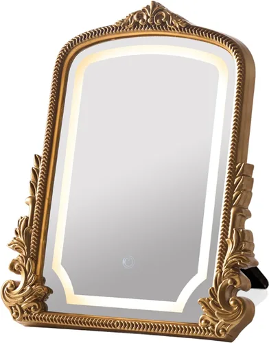 HSDDHOME Espejo de tocador vintage con iluminación de tres colores, espejo de mesa de arco tallado en oro antiguo, espejo de maquillaje de 16 x 20