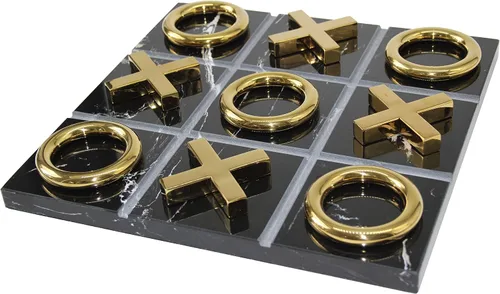 Juego de Tres en Raya de Mármol para Decoración de Sala de Estar, Centro de Mesa Negro y Dorado XO con Mármol Negro y Acero Inoxidable Color Dorado,
