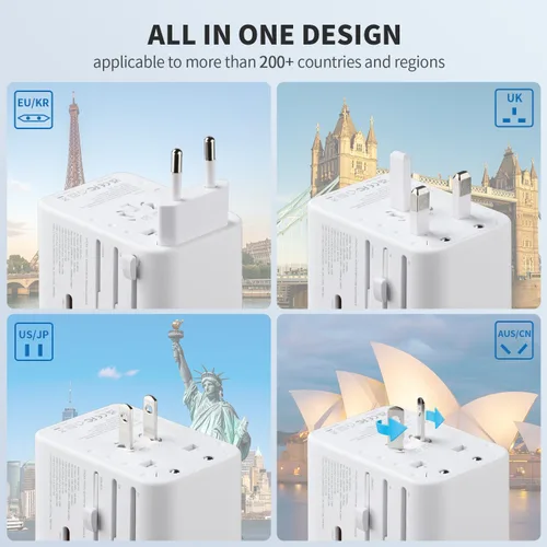 Miniatura 2 de EPICKA Adaptador de viaje universal, adaptador de enchufe internacional GaN con 3 USB-C de carga rápida PD de 70W y 2 USB-A, cargador de pared todo