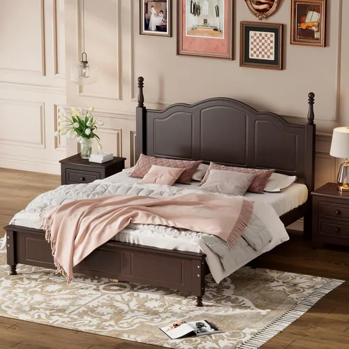 Miniatura 13 de Merax Cama clásica retro de madera maciza con cabecero, marco de cama matrimonial, no necesita somier, fácil de montar, color blanco