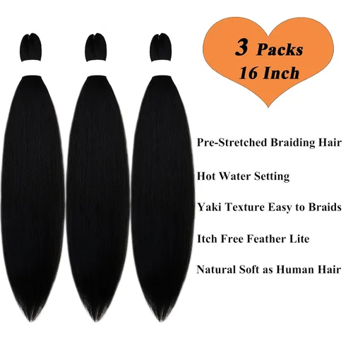 Miniatura 4 de Pelo trenzado corto 1B negro preestirado Extensiones de pelo trenzado para niños para trenzas de caja sin nudos, pelo trenzado preestirado de 16