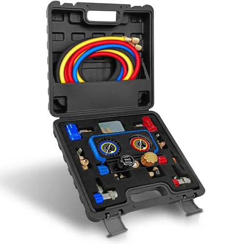 Boltigen R1234yf Juego de calibradores de 4 vías para refrigerante R1234yf R134a, kit de medidor de CA automotriz con manguera, acopladores rápidos