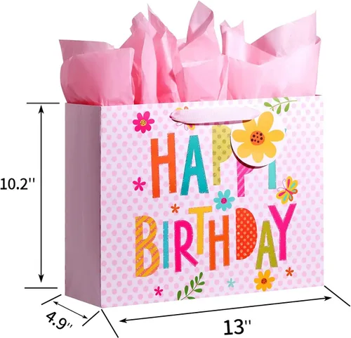 Miniatura 6 de Bobobag - Bolsa de regalo rosa de 13 pulgadas con papel de seda para cumpleaños, grandes bolsas de regalo para niñas Feliz cumpleaños (rosa)
