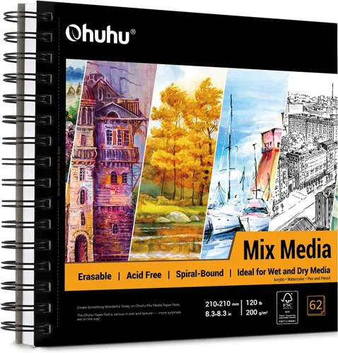 Ohuhu Mix Media Pad, cuaderno de bocetos de arte mixto de 8.3 x 8.3 pulgadas, papel pesado de 120 lb/200 GSM, 62 hojas/124 páginas, bloc de papel