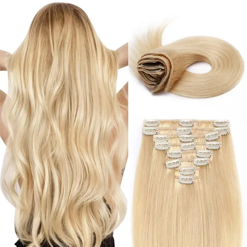 Miniatura 10 de Extensiones de cabello humano 100% remy de 10 a 24 pulgadas, con clips, calidad grado 7A, cabeza completa, 8 piezas, 18 clips; largo, suave, sedoso