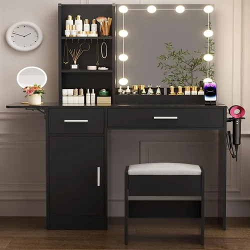 Miniatura 17 de ERLEJIA Escritorio de tocador con espejo y luces, tocador de maquillaje grande de 43 pulgadas con 9 cajones, 3 estantes abiertos, iluminación LED