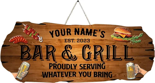 Miniatura 32 de Artsy Woodsy Letrero personalizado para bar y parrilla en el patio trasero (no tallado o neón), decoración de placa artística de pared, accesorios
