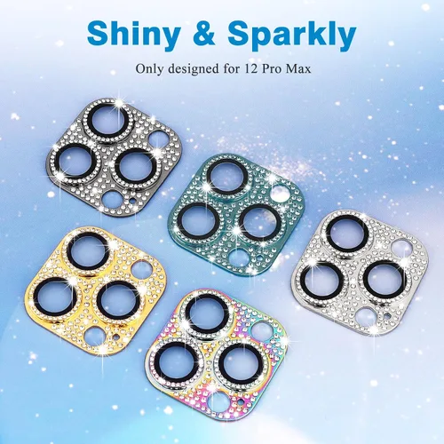 Miniatura 6 de Protector de lente de cámara diseñado para iPhone 12 Pro Max, con diamantes de imitación 3D con diamantes de imitación 9H, vidrio templado, Rosado