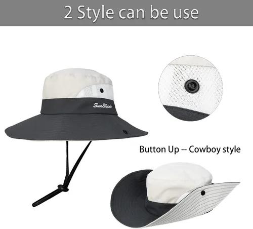 Miniatura 5 de Sombrero de sol de verano para mujer, cola de caballo – Protección UV de malla de ala ancha plegable con agujero para cola de caballo