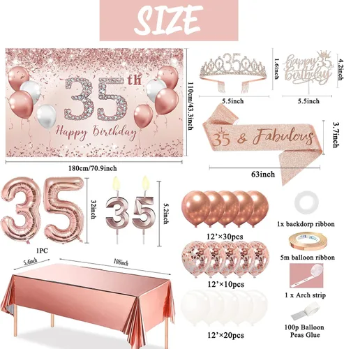 Miniatura 2 de Trgowaul Juego de globos decorativos de cumpleaños número 35, arco de mujer, pancarta de cumpleaños número 35 de oro rosa y mantel de fiesta