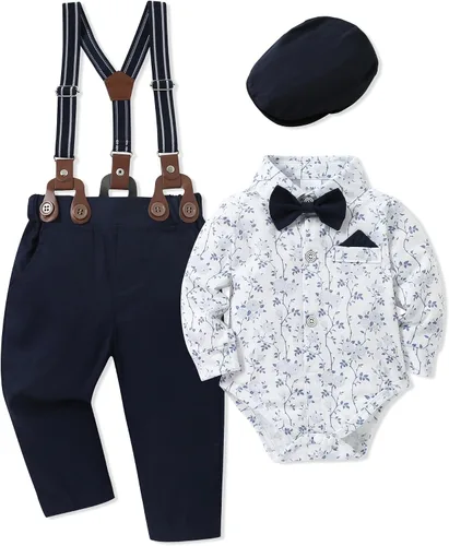 WESIDOM Ropa de bebé niño 0-18M recién nacido traje de caballero, camisa+pajarita+boina+pantalón con tirantes Conjunto de ropa para bebé niño