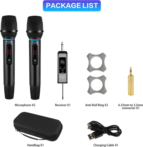Miniatura 7 de Micrófono inalámbrico recargable UHF para cantar con bolso, micrófono dinámico de mano de metal con receptor, micrófono de karaoke inalámbrico