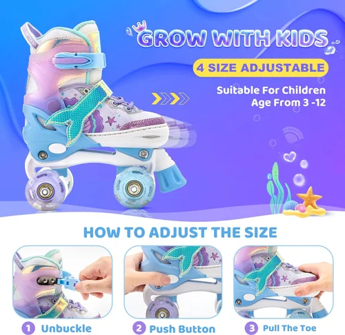 Miniatura 2 de NEMONE - Patines de sirena con ruedas iluminadas y 4 tamaños ajustables para niñas, azul y morado, para niños pequeños, para principiantes, de A