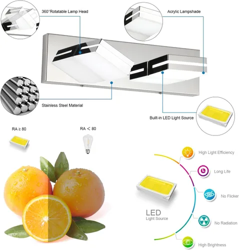 Miniatura 3 de SineRise - Lámpara LED para tocador de baño - Moderna lámpara de acrílico con acabado cromado para iluminación de pared sobre el espejo - 2 luces