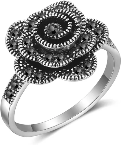Anillos negros para mujer, diseño vintage de promesa de boda, banda de marcasita, disfraz de cóctel, joyería hipoalergénica para mujer, regalos para