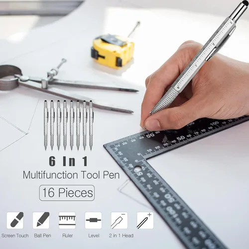 Miniatura 5 de Zhanmai 16 Piezas Bolígrafos Multiherramienta 6 en 1 Juego de Bolígrafos Multi-herramienta con Repuestos para Regalos de Cumpleaños de Hombres