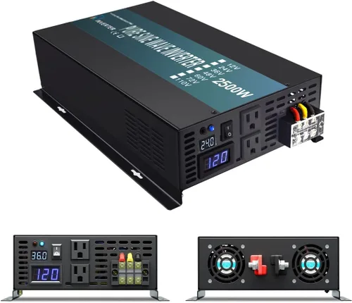 Miniatura 6 de WZRELB Inversor de corriente de onda sinusoidal pura de 2500 W, 12 VCC a 120 VCA, 60 Hz, salidas de CA duales, 2 puertos USB de 2.4 A y terminal