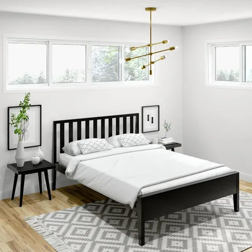 Miniatura 11 de Plank+Beam Base de cama individual moderna de madera maciza con cabecera de listones, plataforma escandinava con soporte de listones de madera, Negro