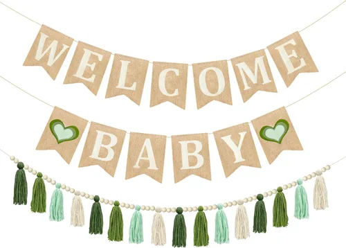 Miniatura 9 de Kit de decoración de fiesta de baby shower, pancarta de arpillera de corazón de bebé con flores de tejido verde salvia, pompones, fieltro, remolino