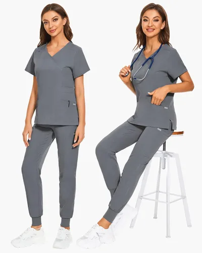 Miniatura 4 de VIAOLI Conjunto de uniforme médico para mujer, cuello en V, 5 bolsillos y pantalones deportivos con múltiples bolsillos para enfermería y trabajo