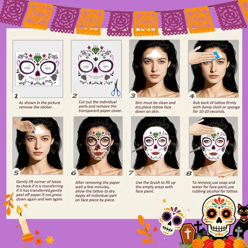 Miniatura 7 de Tatuajes faciales del Día de los Muertos, paquete de 10 tatuajes faciales temporales de Halloween, tatuaje facial de calavera de azúcar para adultos