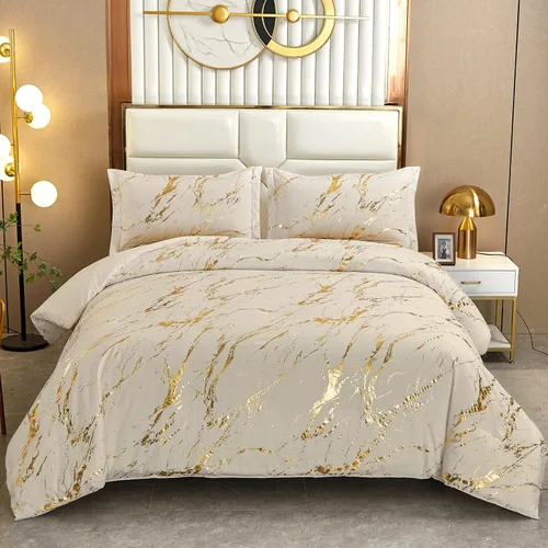 Miniatura 10 de WONGS BEDDING Juego de edredón de mármol metálico negro dorado Queen con estampado de lámina brillante y purpurina, juegos de ropa de cama con 2