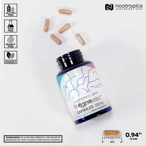 Miniatura 3 de Nootropics Depot Erinamax - Cápsulas de melena de león de 500 mg Micelio de cultivo líquido 2.5 mg de erinacina A Apoyo para el estado