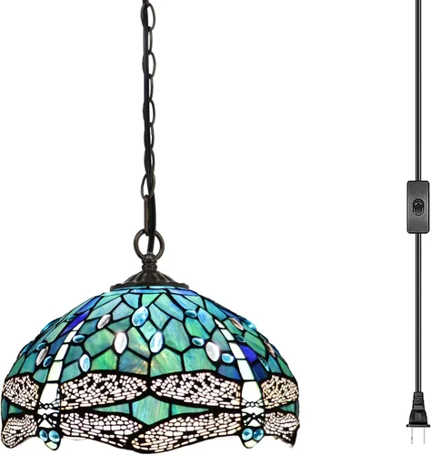 Miniatura 8 de Lámpara Colgante Tiffany con Enchufe, Lámpara Colgante de Cristal Emplomado de 12 Pulgadas, Cadena de 39 Pulgadas, Cable de 15 Pies, Sala de Estar
