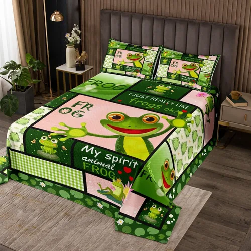 Manfei Juego de colcha de verano con diseño de ranas de dibujos animados, diseño de animales de estanque, decoración de habitación de niños, niñas y