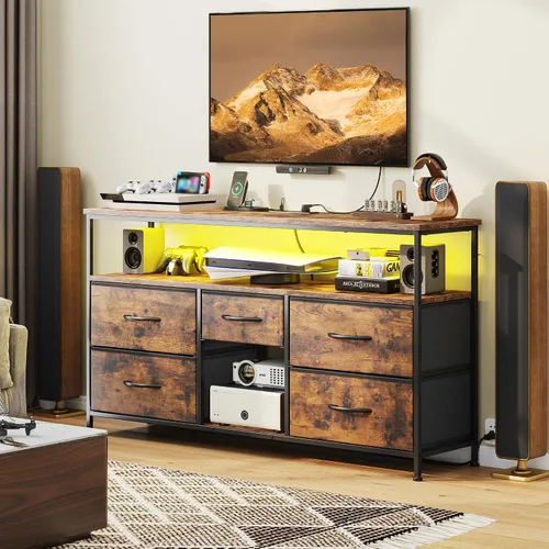 Miniatura 8 de EnHomee Soporte de TV para televisor de 50 pulgadas, centro de entretenimiento con luces LED y tomas de corriente, cómoda de 5 cajones