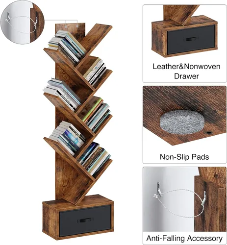 Miniatura 6 de Rolanstar Estantería con cajón, estantería de árbol de 4 estantes, estanterías de madera rack de almacenamiento para CDs/películas/libros