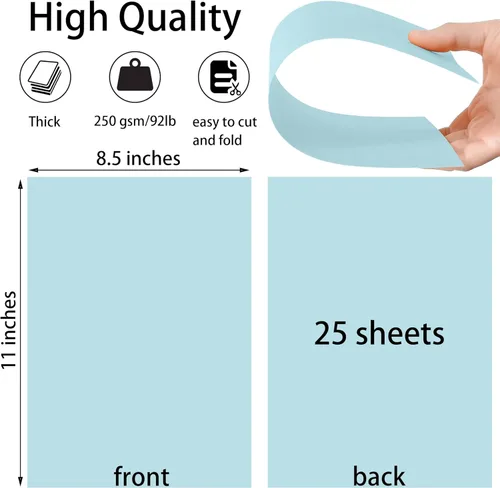 Miniatura 2 de 25 hojas de papel de cartulina azul claro 8.5'' x 11'', 250 g/m²/92 lb papel grueso para álbum de recortes, invitaciones, impresión y tarjetas