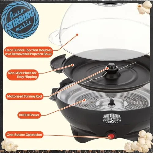Miniatura 4 de Máquina eléctrica de palomitas de maíz de 800 W, capacidad de 6 cuartos de galón, agitador integrado y cuenco para servir (negro)