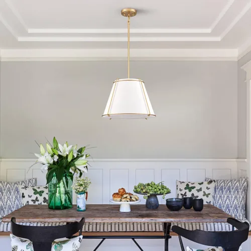 Miniatura 5 de Lámpara Colgante de Cono con Pantalla de Tambor de Tela con Linterna de Metal de 16 Pulgadas, Candelabros Blancos y Dorados para Cocina, Comedor
