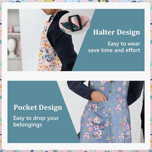 Miniatura 4 de Paquete de 2 delantales de acuarela con flores silvestres para mujer, delantales de cocina ajustables con 2 bolsillos, delantales de chef
