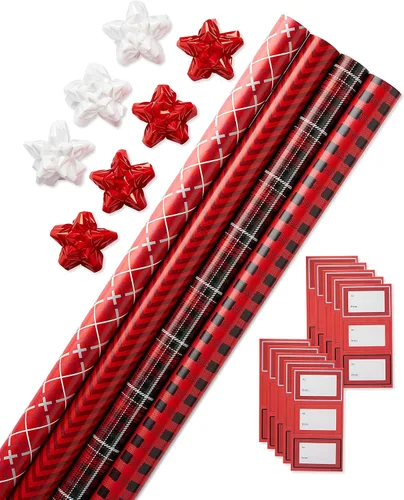 Miniatura 10 de American Greetings Rollo de papel de regalo reversible jumbo para Navidad, papel de regalo navideño rojo y negro