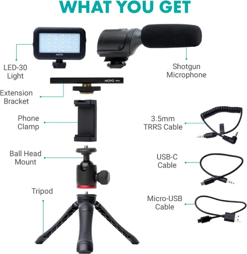 Miniatura 2 de Movo uVlogger - Kit de vlogging compatible con Android/USB-C Accesorios para smartphones: trípode, montaje, luz LED y micrófono de escopeta