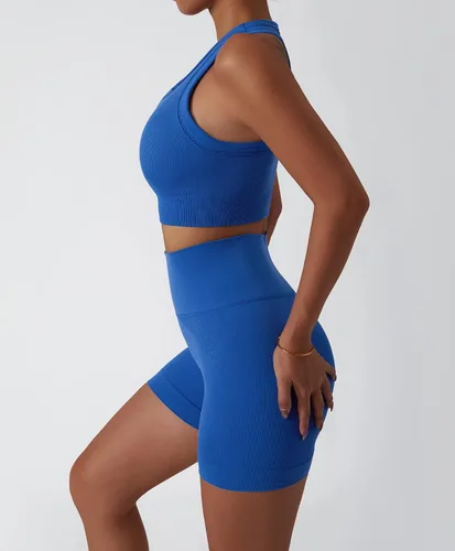 Miniatura 55 de Conjuntos de entrenamiento para mujer, 2 piezas, sin costuras, acanalada, sin mangas, brasier deportivo, cintura alta, pantalones cortos